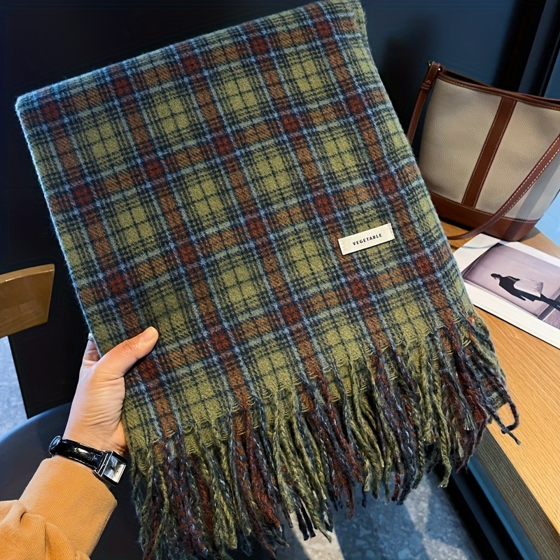 Vintage Fashion Knitwear - Vintage Green Plaid Tassel Scarf Women
