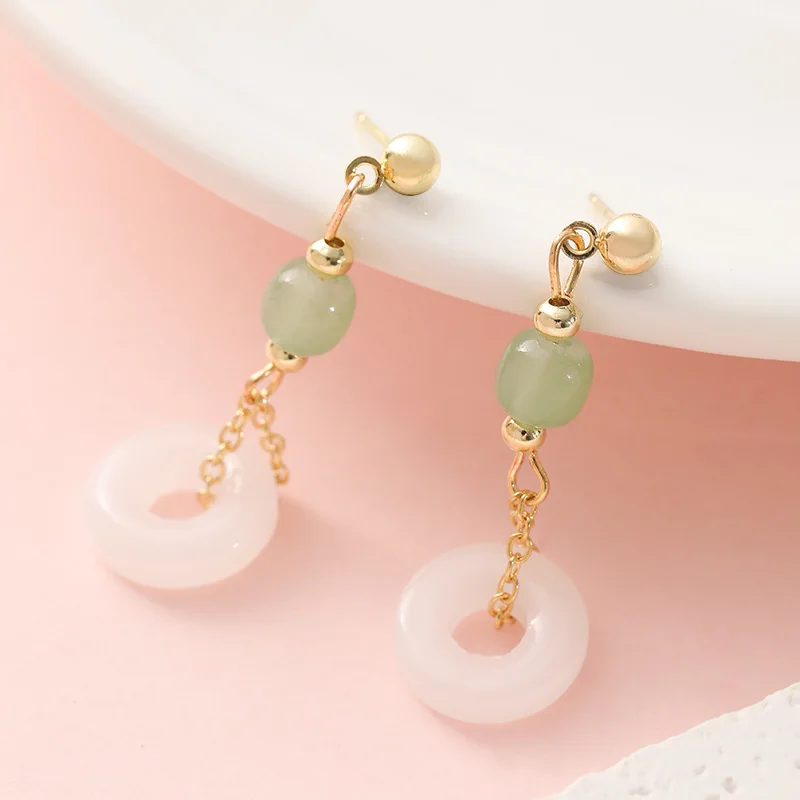 Vintage Fashion Earrings - Natural Real Jade Ring Earrings Stone
