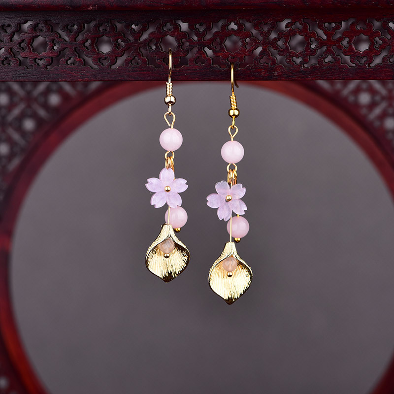 Vintage Fashion Earrings - Pink Natural Jade Flower Earrings Vintage